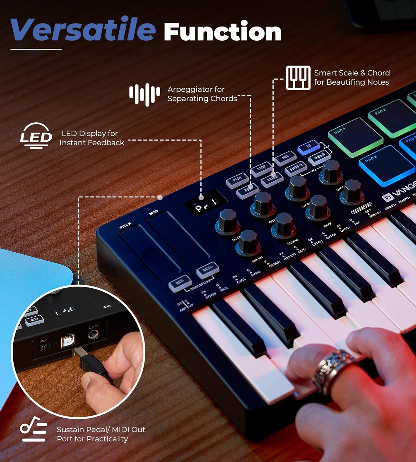 Vangoa 25 Keys Midi Keyboard Controller, Mini Portable Beat Maker Machine with Backlit Drum Pads, 8 Knoks, 8 RGB Beating Pad for Music Production, Velocity Sensitive, LED Display, Arpeggiator, Black