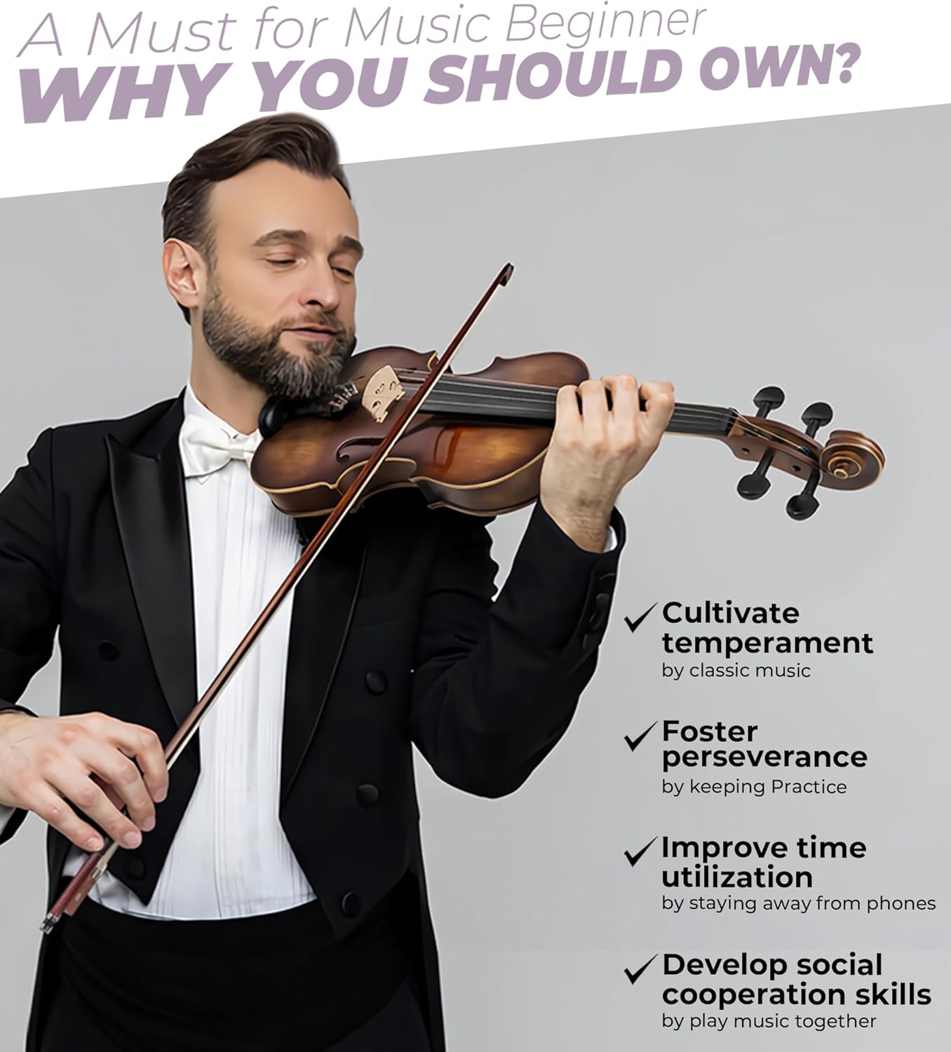 Violon 4/4 en bois massif Vangoa, ensemble complet, vernis fait main, violon acoustique quatre par quatre, fabriqué à la main, avec étui rigide léger pour débutants, adolescents, adultes et droitiers 