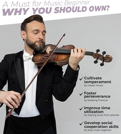 Violon 4/4 en bois massif Vangoa, ensemble complet, vernis fait main, violon acoustique quatre par quatre, fabriqué à la main, avec étui rigide léger pour débutants, adolescents, adultes et droitiers 