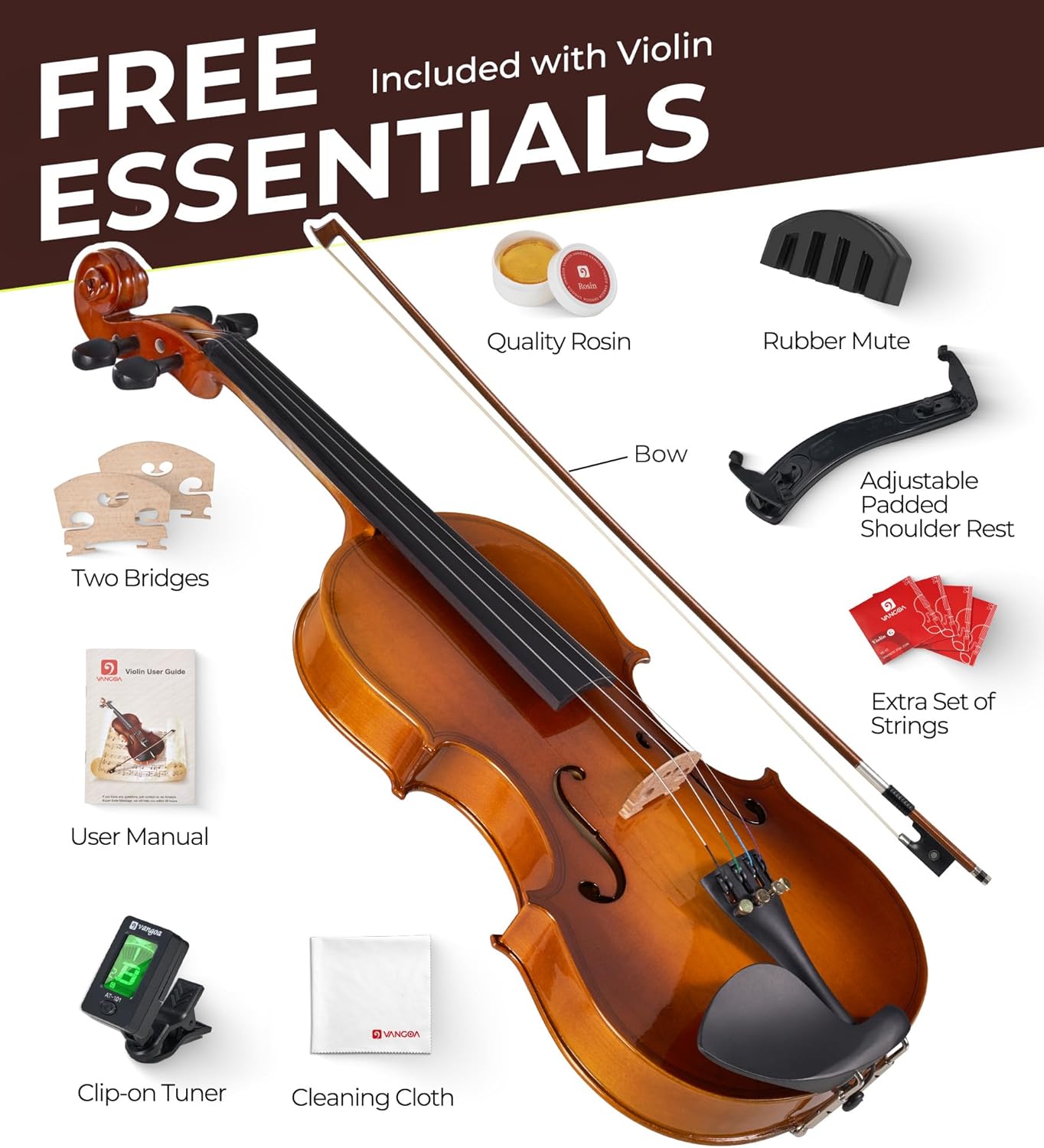 Vangoa Violin 4/4 Full Size Set Fiddle, Handcrafted Starter Acoustic Violins Kit with Solid Wood Side Board, Lightweight Hard Case for Beginners, Teens, Child, Kids Age 12+, Adults, Right Handed