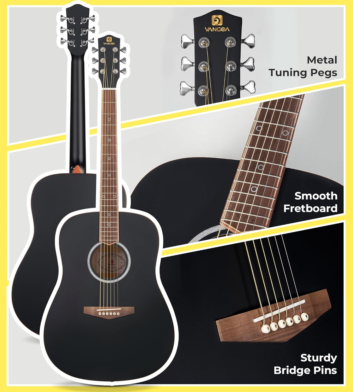 Vangoa Dreadnought Acoustic Guitar Kit for Beginner Adult, 41 Inch Right-handed Starter Guitars 6 String Full Size Set, Walnut Fingerboard, Padded Case, Tuner, Strap, Picks, Capo, Extra Strings, Black