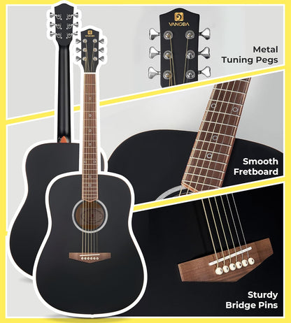 Vangoa Dreadnought Acoustic Guitar Kit for Beginner Adult, 41 Inch Right-handed Starter Guitars 6 String Full Size Set, Walnut Fingerboard, Padded Case, Tuner, Strap, Picks, Capo, Extra Strings, Black