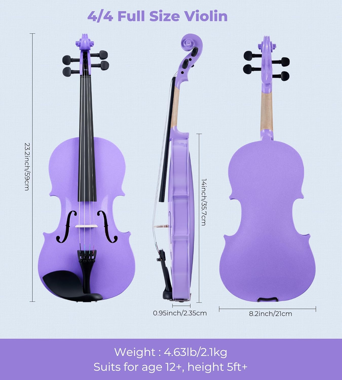 Vangoa 4/4 Violinenset in voller Größe für Anfänger, Einsteiger-Geigenset für Kinder, Erwachsene, Mädchen, komplettes Starter-Zubehörpaket mit Gummidämpfer, Lila 