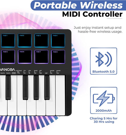 Vangoa 25 Keys Midi Keyboard Controller, Mini Portable Beat Maker Machine with Backlit Drum Pads, 8 Knoks, 8 RGB Beating Pad for Music Production, Velocity Sensitive, LED Display, Arpeggiator, Black