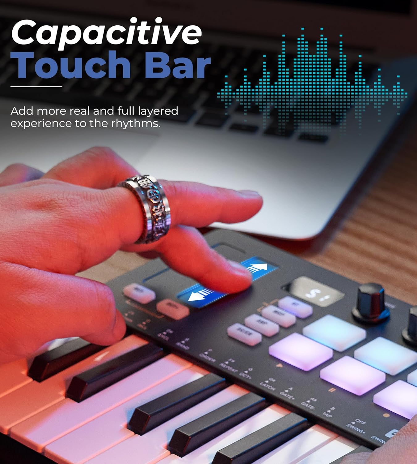 Vangoa Verbesserter 25-Tasten-USB-MIDI-Keyboard-Controller mit 16 Drum-Pads mit Hintergrundbeleuchtung, tragbarem, kabellosem, anschlagdynamischem Keybed-Beating-Pad mit Aftertouch, Smart Chord &amp; Scale, LED-Anzeige, Arpeggiator