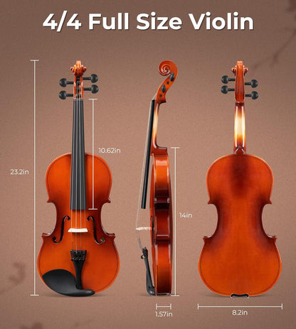 Ensemble de violons Vangoa 4/4 pour débutants, violons acoustiques pour adultes, enfants, adolescents et étudiants, avec sourdine, étui rigide, droitier, finition antique brillante. 