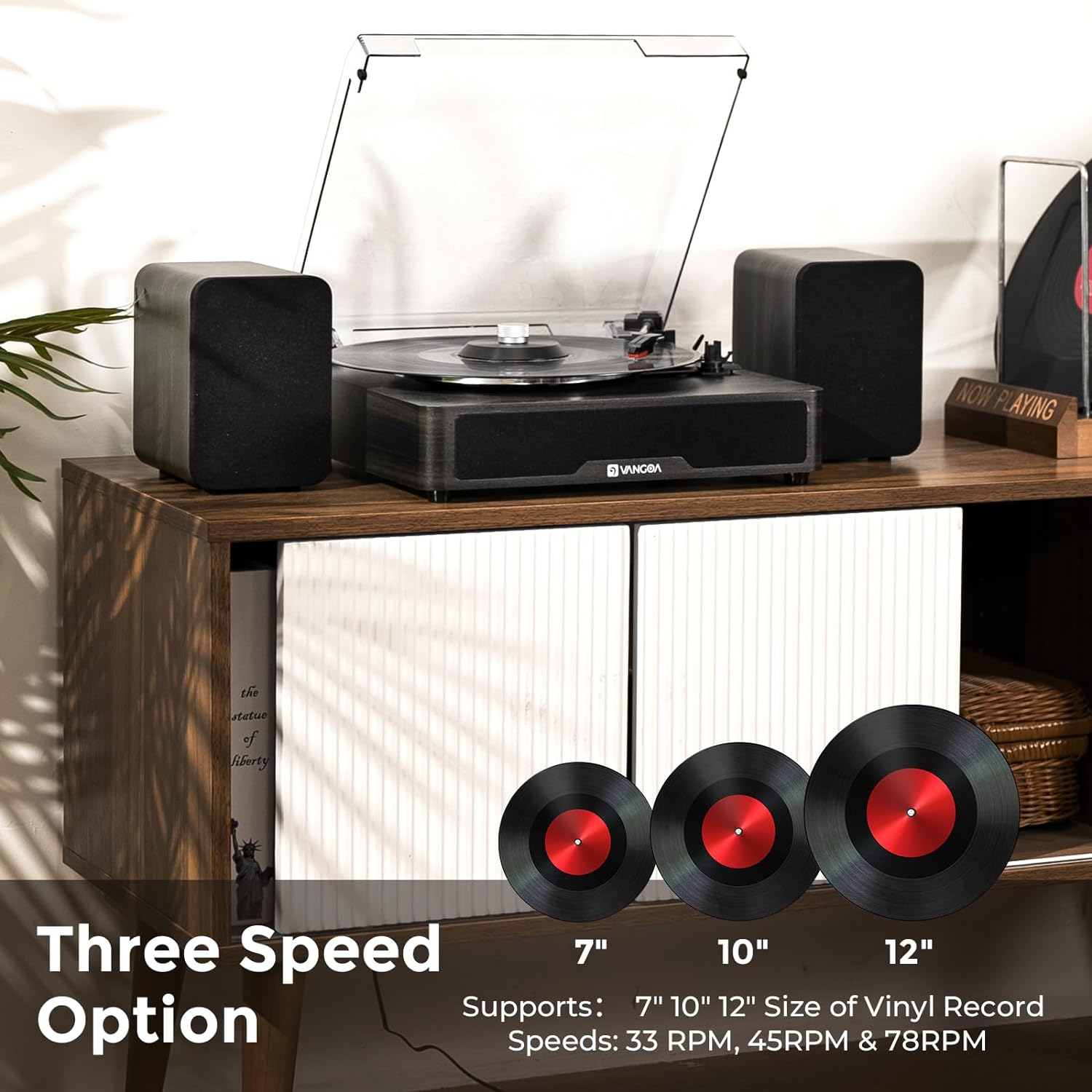 Vangoa Vinyl Record Player Turntable Bluetooth with 2 Stereo Speakers, 3-Speed Belt-Driven Turntables for Vinyl Records Supports AUX-in, RCA Line, USB, Wireless Playback, Black