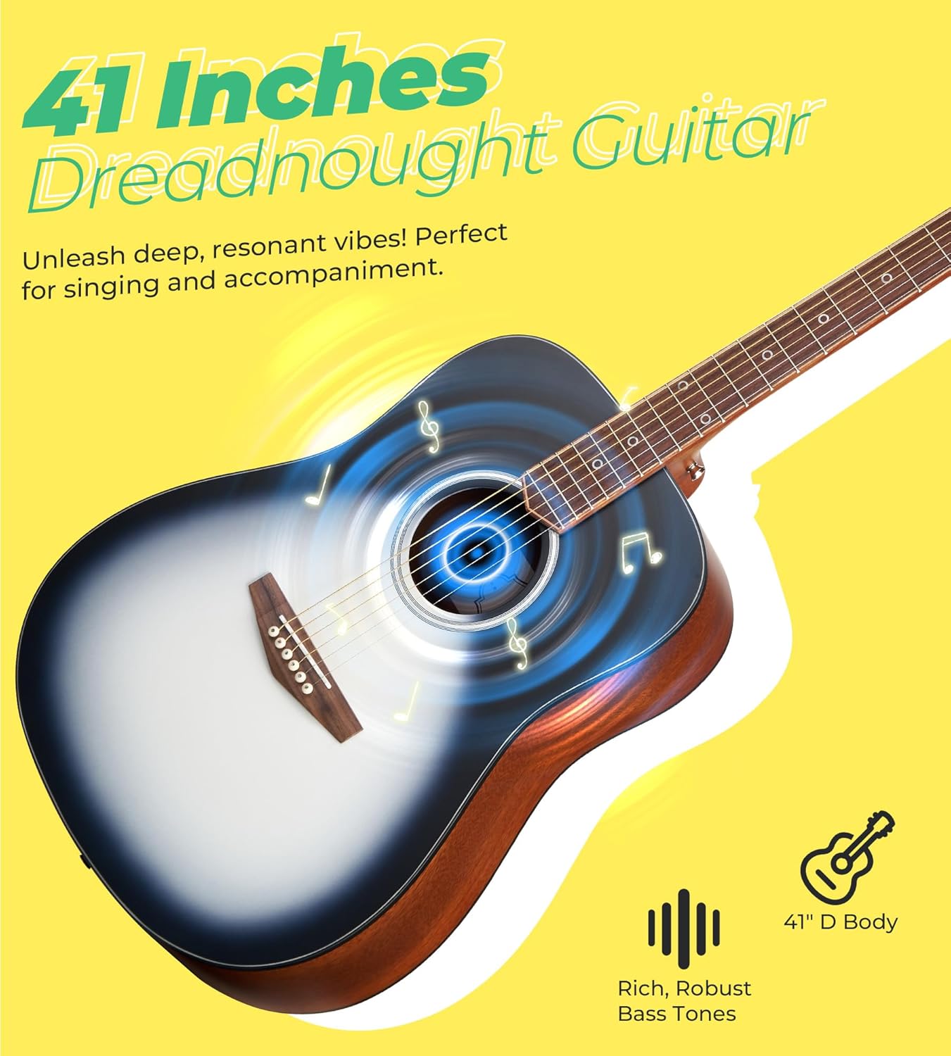 Vangoa Dreadnought Acoustic Guitar Kit for Beginner Adult, 41 Inch Right-handed Starter Guitars 6 String Full Size Set, Walnut Fingerboard, Padded Case, Tuner, Strap, Picks, Capo, Extra Strings, White