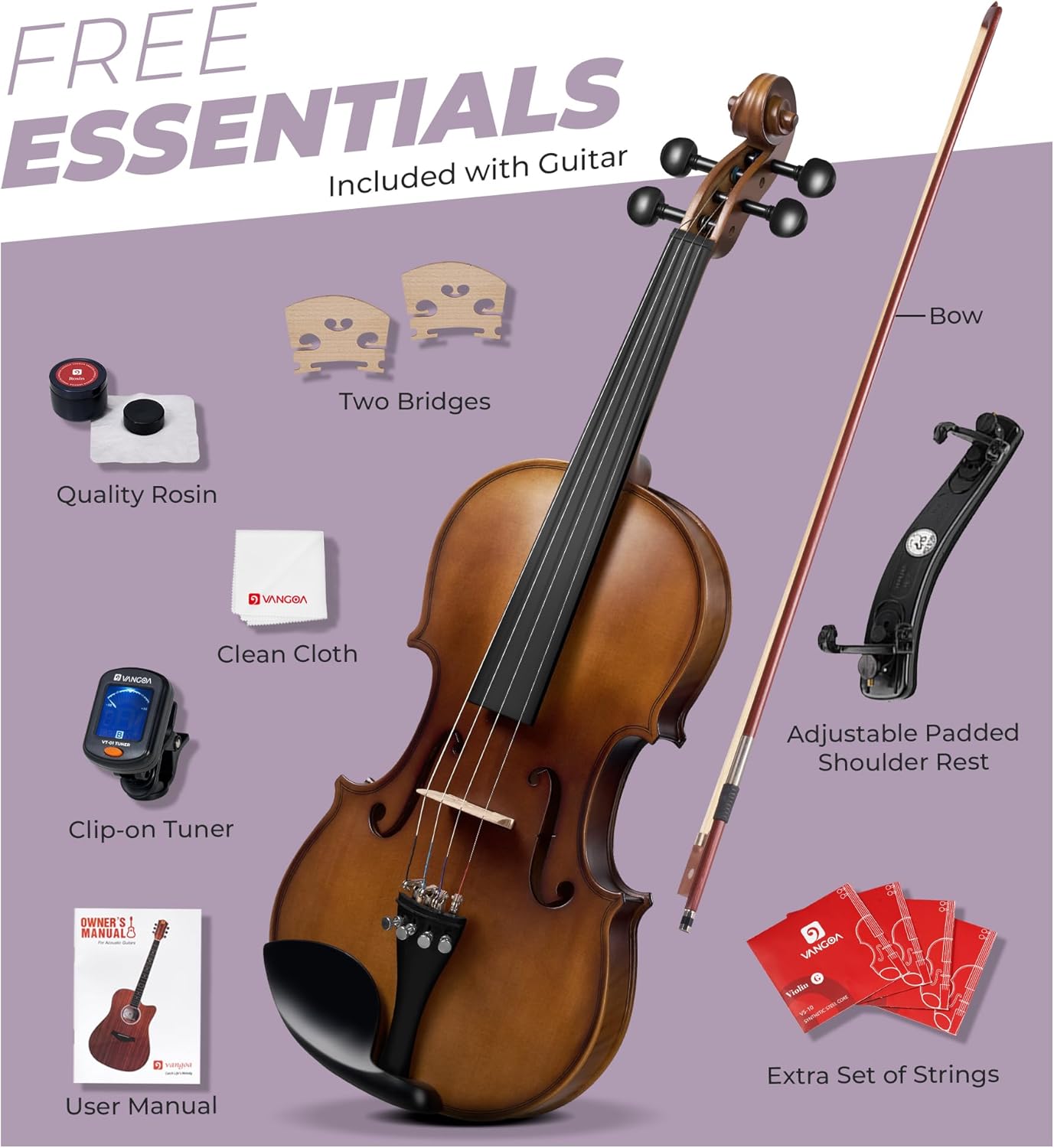 Vangoa Solid Wood Violin 4/4 Full Size Set Fiddle Tiger Pattern, Handcrafted Four by Four Starter Acoustic Violins Kit with Lightweight Hard Case for Beginners, Teens, Adults, Right Handed