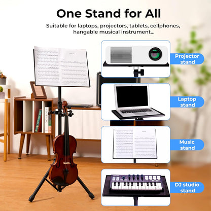 Vangoa Projector Stand Tripod Music Stand Adjustable Height 23.6'' to 51.2'' with Violin Hanger Elastic Strap Sponge Mats Multifunctional Stand for Home, Office, Studio, DJ Racks Holder Mount