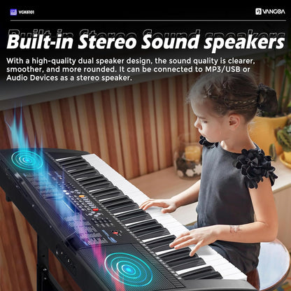 Vangoa VGK6101 Piano à clavier noir 61 touches, piano électrique avec 3 modes d'apprentissage, clavier musical éclairé avec microphone sur pied pour débutants et étudiants 