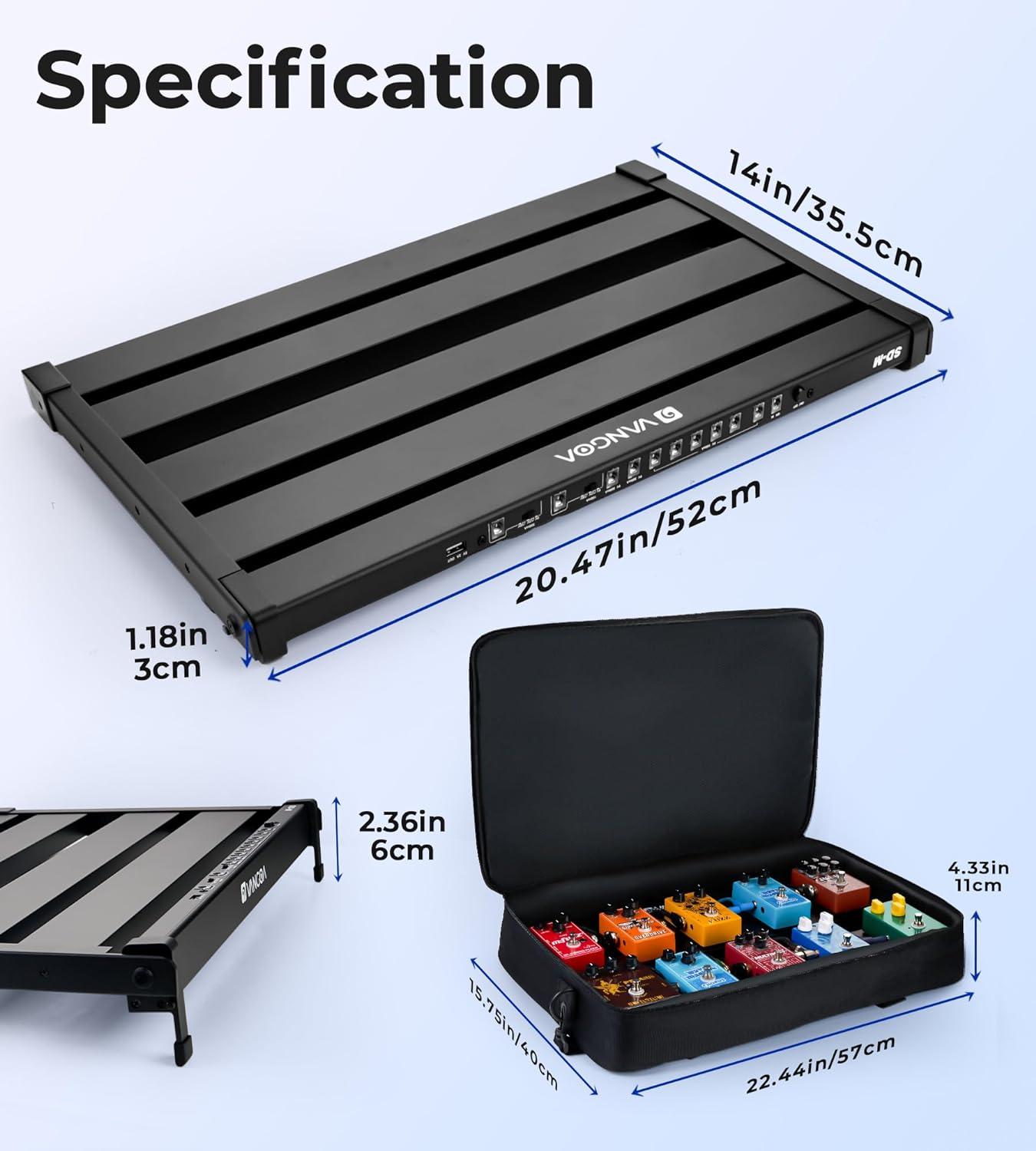 Vangoa Guitar Pedal Board with Built in Power Supply Board 9V/12V/18V for 10-12 Pedals Aluminium Alloy Portable Folding Powered Guitar Pedalboard with Carry Bag, Pedal Cables, Medium