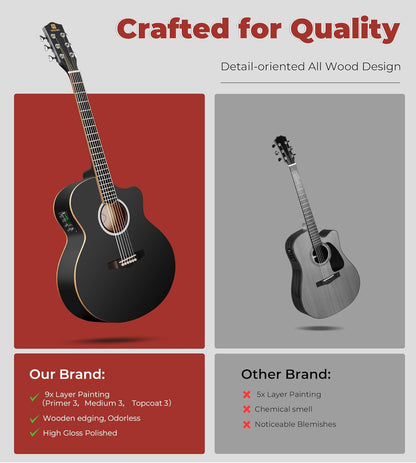 Vangoa 3/4 Electric Acoustic Guitar Kit for Beginners, 36 Inch Cutaway Acoustic Guitar Built-in Pickups, with Bag, Tuner, Strap, Capo, Picks, Spruce Top, Upgraded Starter Kit, Black Matte