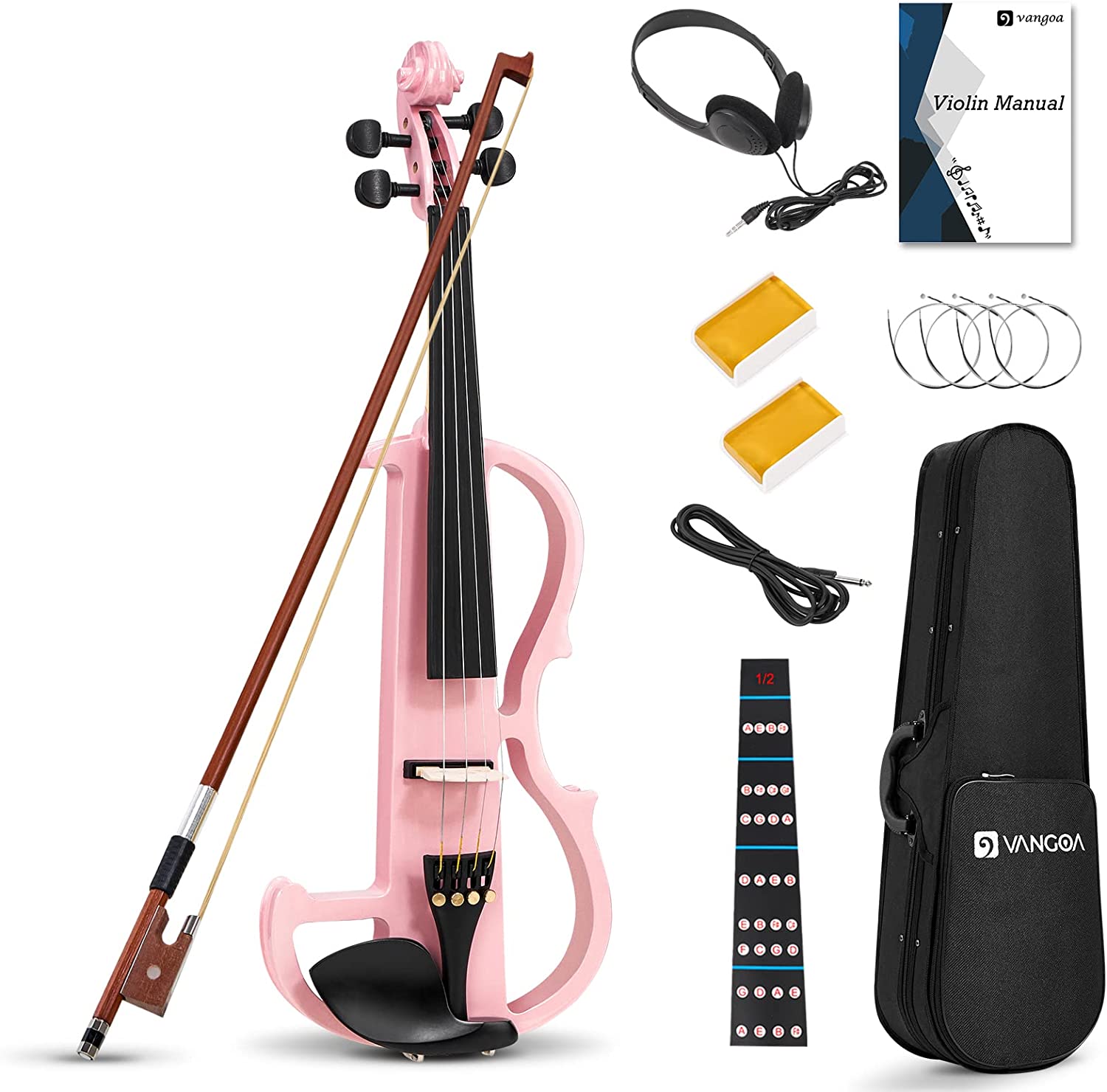 Violon électrique Vangoa pour enfants, kit de violon silencieux 1/2, violon électrique demi-taille pour débutants, étudiants et filles, rose 