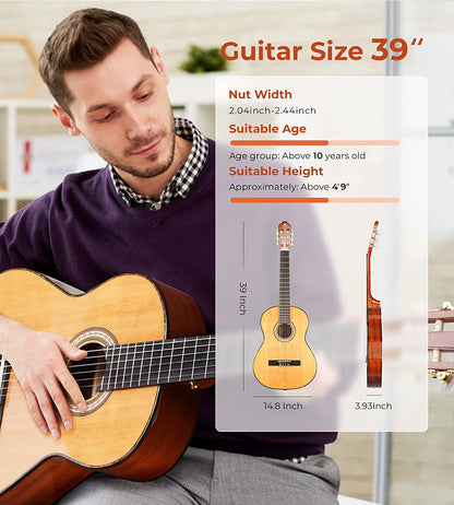 Vangoa Classical Guitar Full Size 4/4 Spanish Style Classical Guitarra, 39 Inch Nylon Strings Guitar Ideal for Beginner Adults, Solid Cedar Top