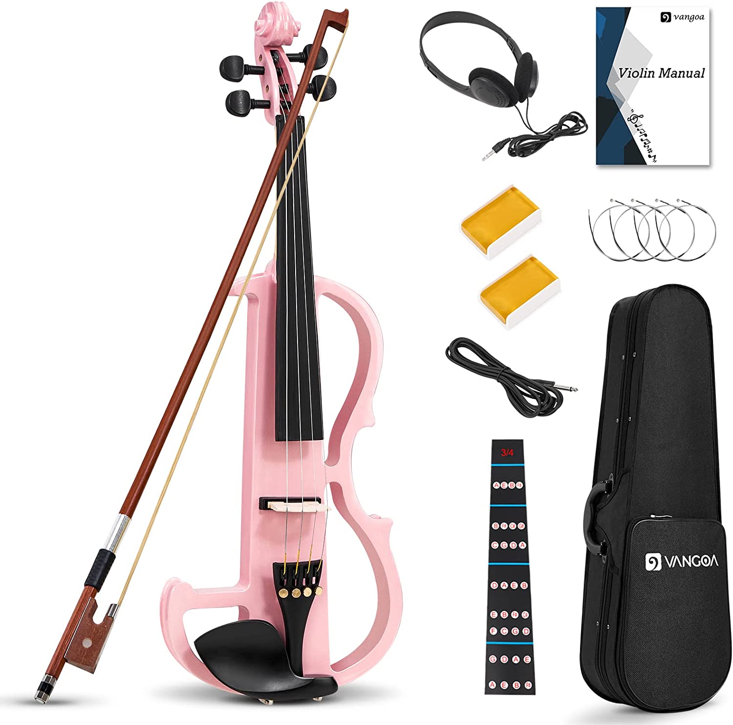 Violon électrique Vangoa 3/4 silencieux, kit complet, noir, pour débutants, étudiants et enfants. 