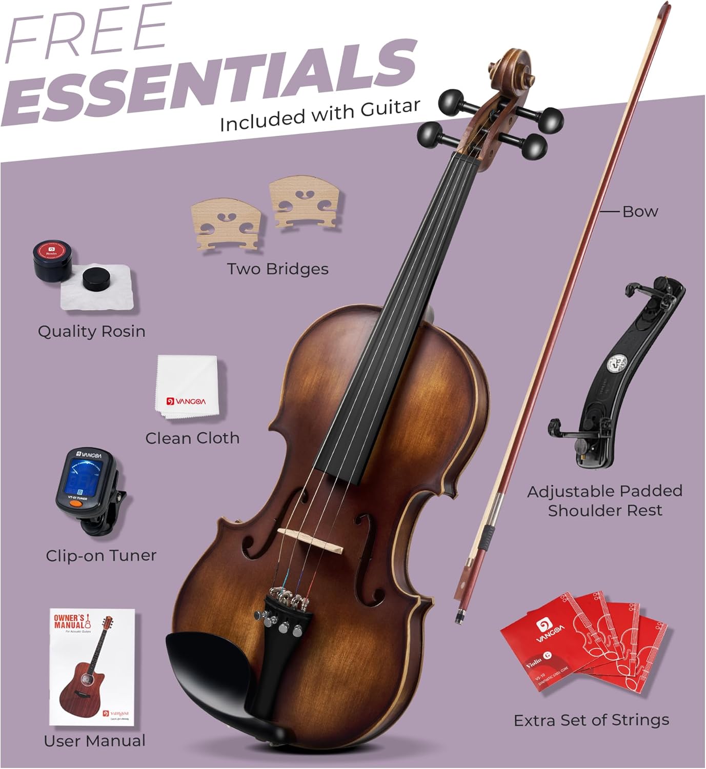 Violon 4/4 en bois massif Vangoa, ensemble complet, vernis fait main, violon acoustique quatre par quatre, fabriqué à la main, avec étui rigide léger pour débutants, adolescents, adultes et droitiers 