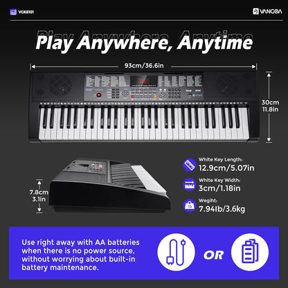 Vangoa VGK6101 Piano à clavier noir 61 touches, piano électrique avec 3 modes d'apprentissage, clavier musical éclairé avec microphone sur pied pour débutants et étudiants 