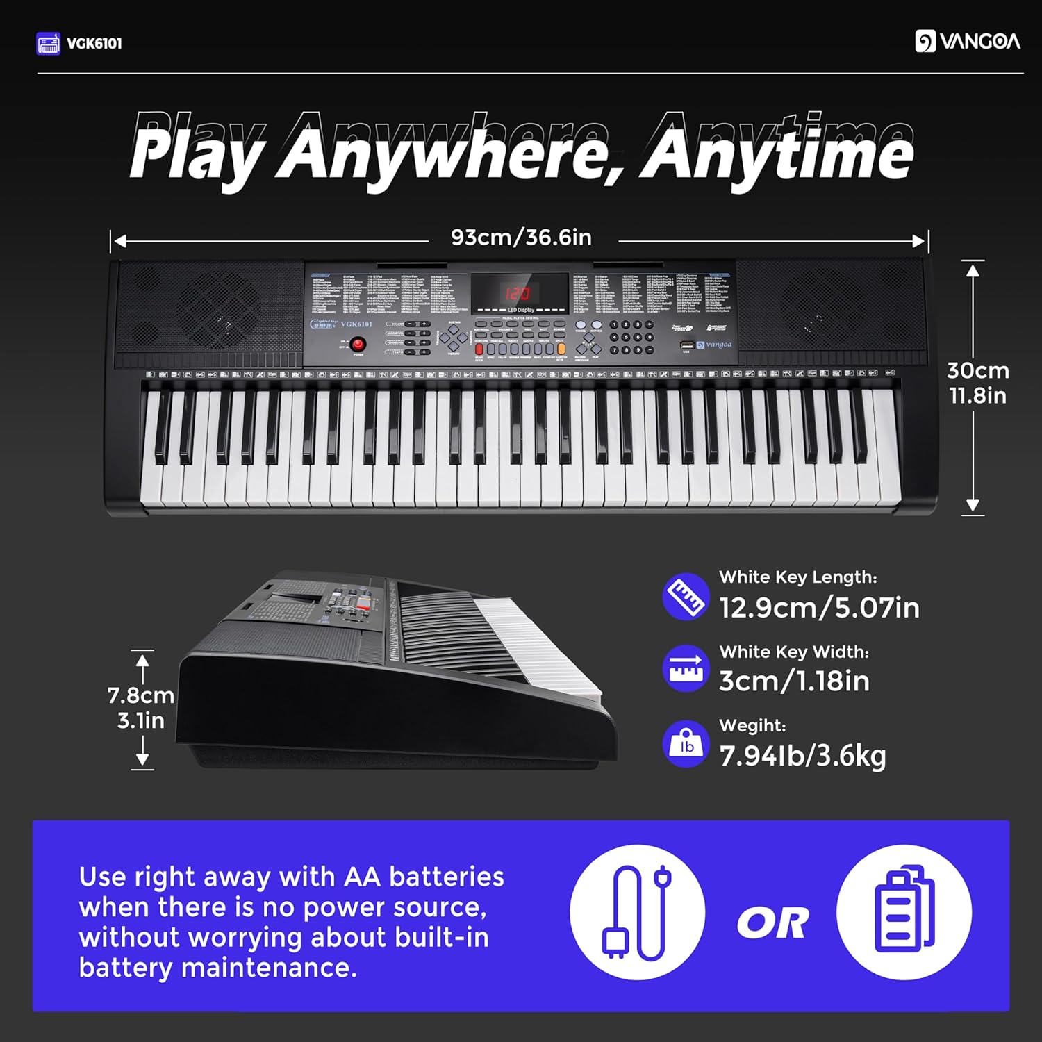 Vangoa VGK6101 Black Keyboard Piano 61 Key Electric Piano Keyboard wi