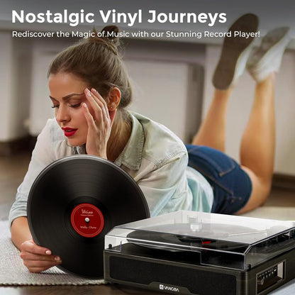Vangoa Vinyl Record Player Turntable Bluetooth with 2 Stereo Speakers, 3-Speed Belt-Driven Turntables for Vinyl Records Supports AUX-in, RCA Line, USB, Wireless Playback, Black