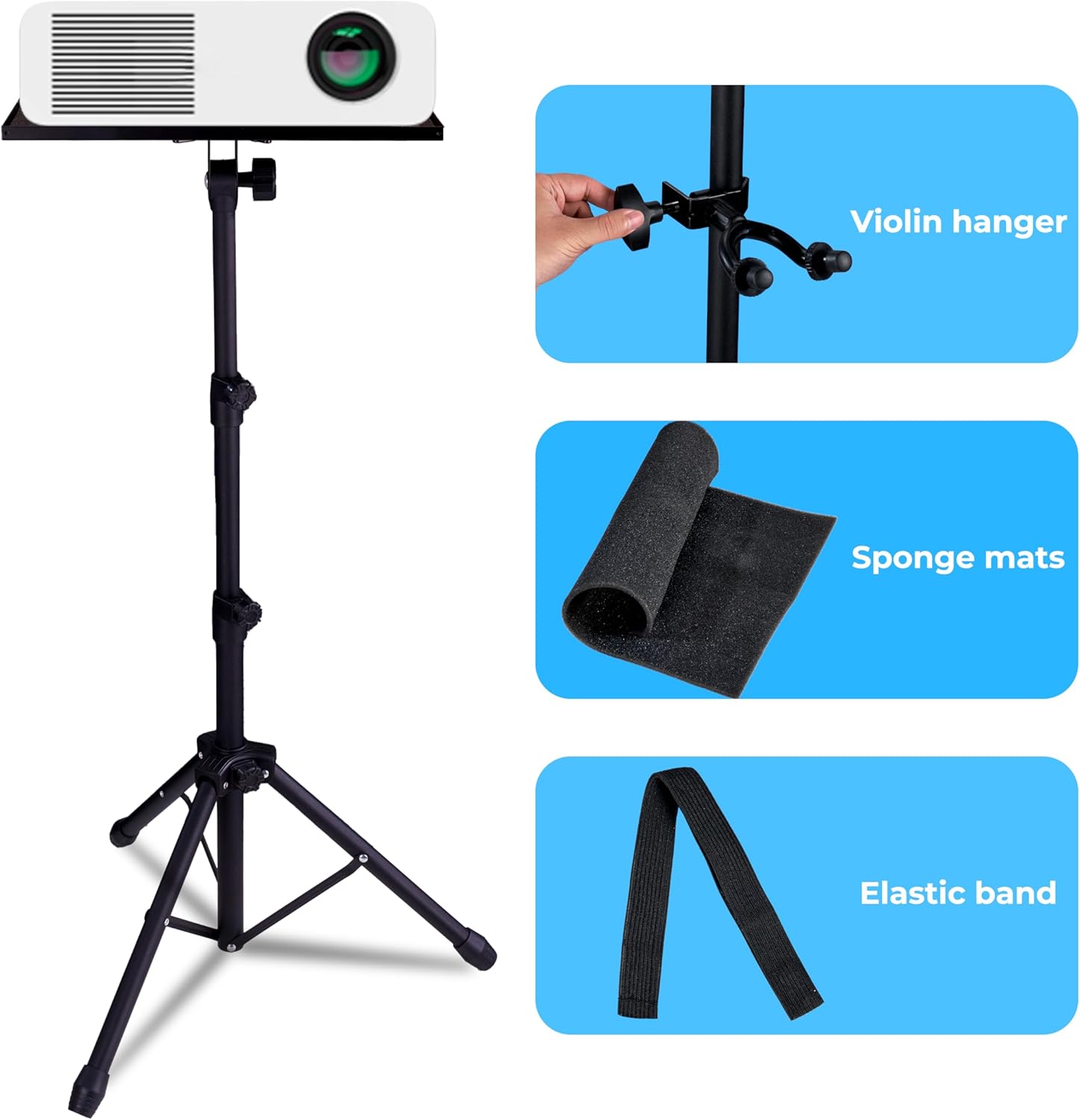 Vangoa Projector Stand Tripod Music Stand Adjustable Height 23.6'' to 51.2'' with Violin Hanger Elastic Strap Sponge Mats Multifunctional Stand for Home, Office, Studio, DJ Racks Holder Mount