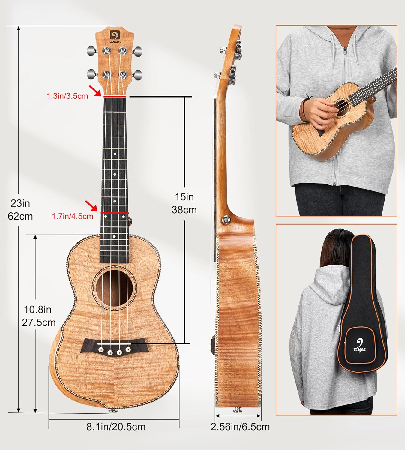 Vangoa Concert Ukulele 23 inch Ukelele Kit Arm Rest Ukulele Okoume Wood Four String Wooden Hawaiian Starter Uke for Beginners Professional Adults