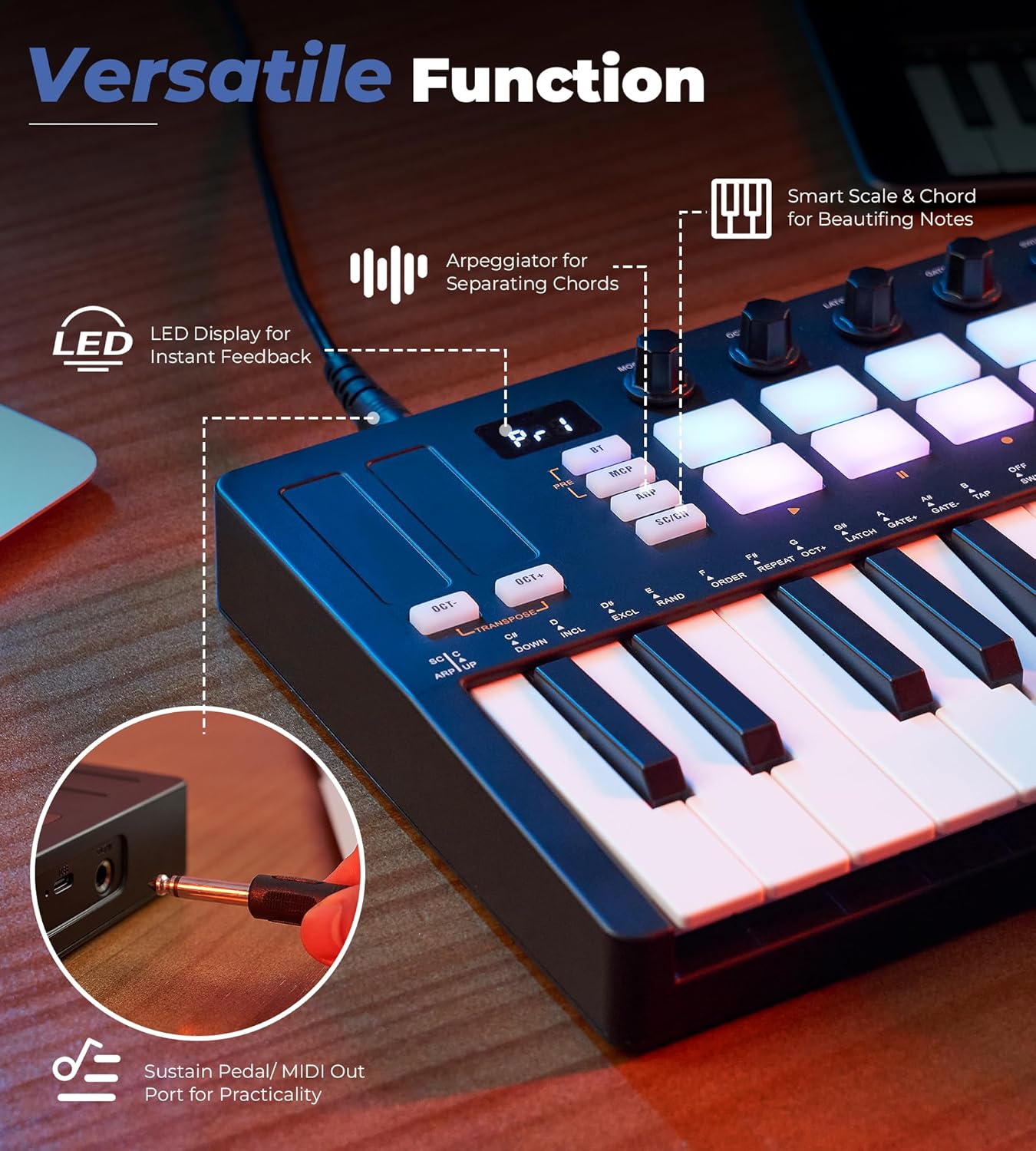 Vangoa Verbesserter 25-Tasten-USB-MIDI-Keyboard-Controller mit 16 Drum-Pads mit Hintergrundbeleuchtung, tragbarem, kabellosem, anschlagdynamischem Keybed-Beating-Pad mit Aftertouch, Smart Chord &amp; Scale, LED-Anzeige, Arpeggiator