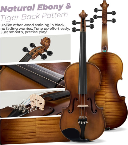 Vangoa Solid Wood Violin 4/4 Full Size Set Fiddle Tiger Pattern, Handcrafted Four by Four Starter Acoustic Violins Kit with Lightweight Hard Case for Beginners, Teens, Adults, Right Handed