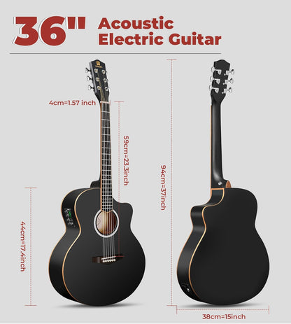 Vangoa 3/4 Electric Acoustic Guitar Kit for Beginners, 36 Inch Cutaway Acoustic Guitar Built-in Pickups, with Bag, Tuner, Strap, Capo, Picks, Spruce Top, Upgraded Starter Kit, Black Matte