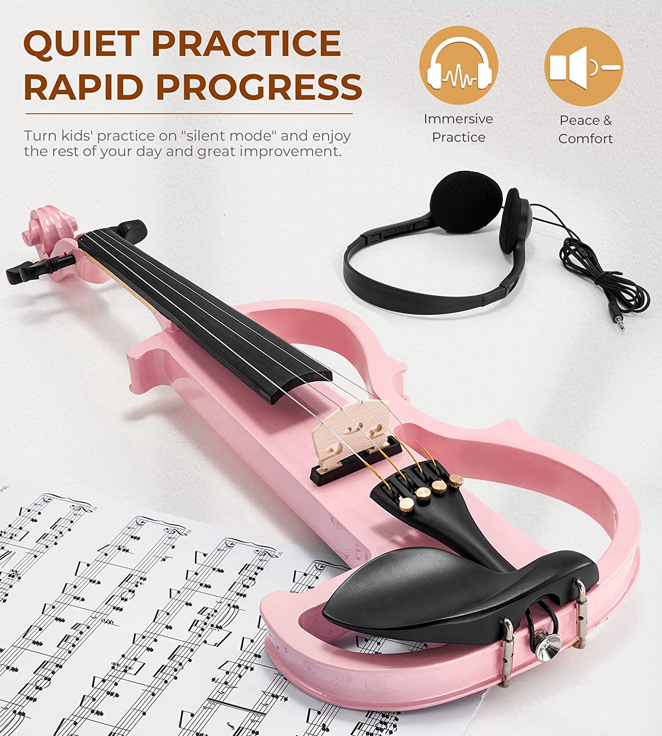 Violon électrique Vangoa pour enfants, kit de violon silencieux 1/2, violon électrique demi-taille pour débutants, étudiants et filles, rose 
