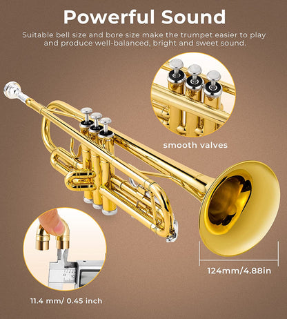 Vangoa VTB-1 Standard Bb Trumpet for Beginners with Valve Oil Gold