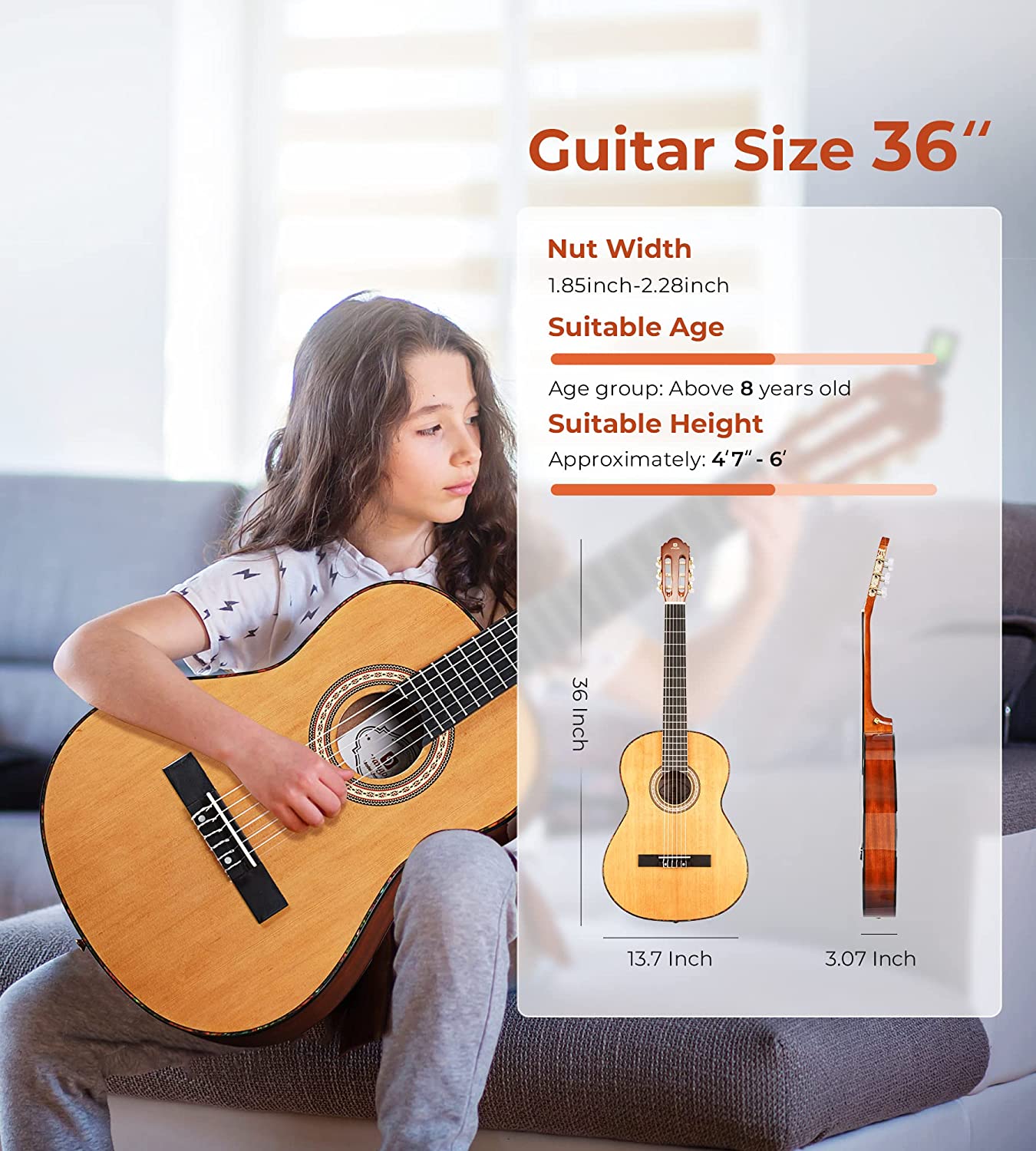 Vangoa 3/4 Inch Acoustic Classical Guitar 36 Inch Junior size Nylon String Guitar with Footstool for Beginners