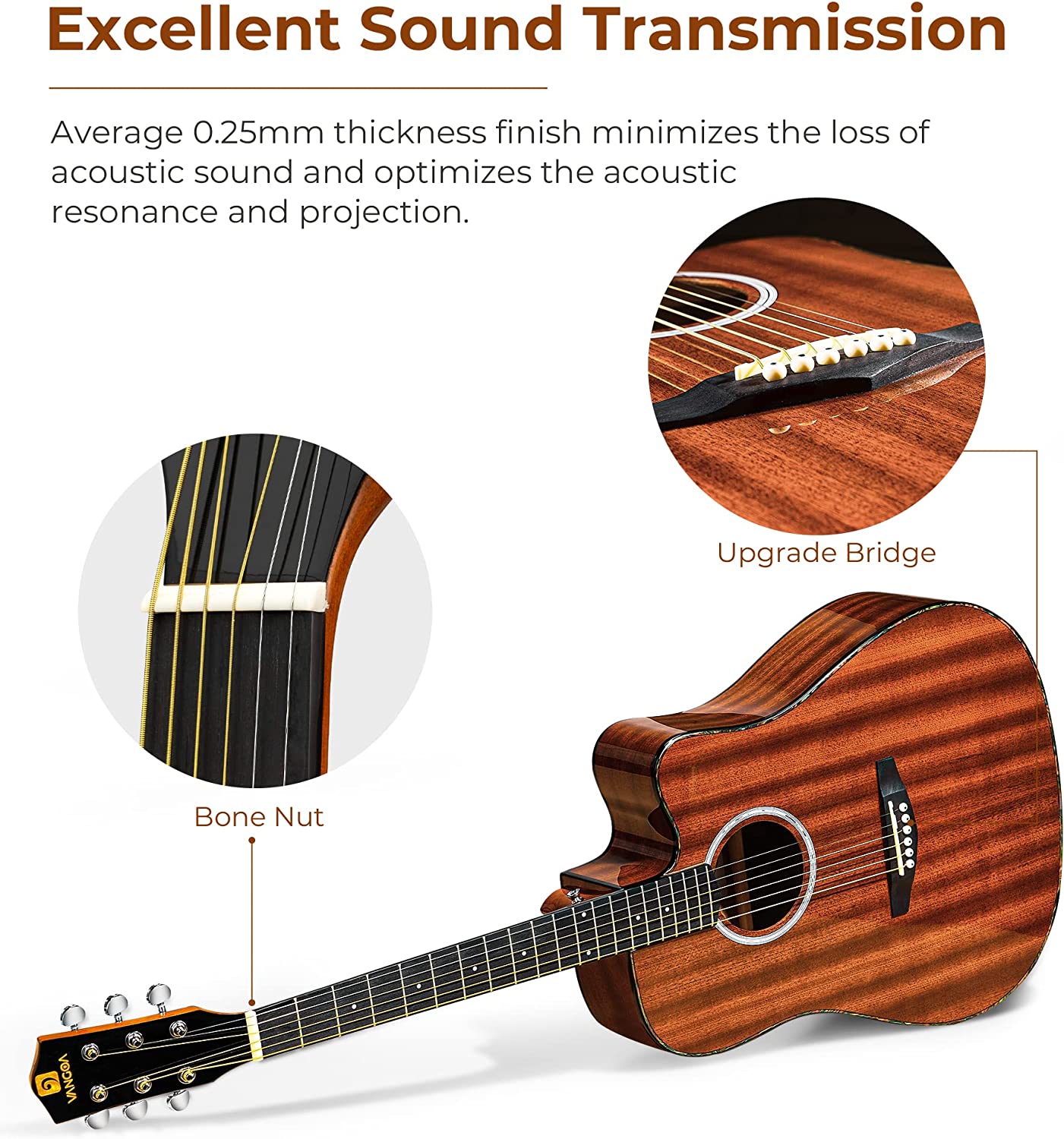 Vangoa 41 Inch Full Size Acoustic Guitar Dreadnought Sapele Wood for Adults Teens Professionals Brown