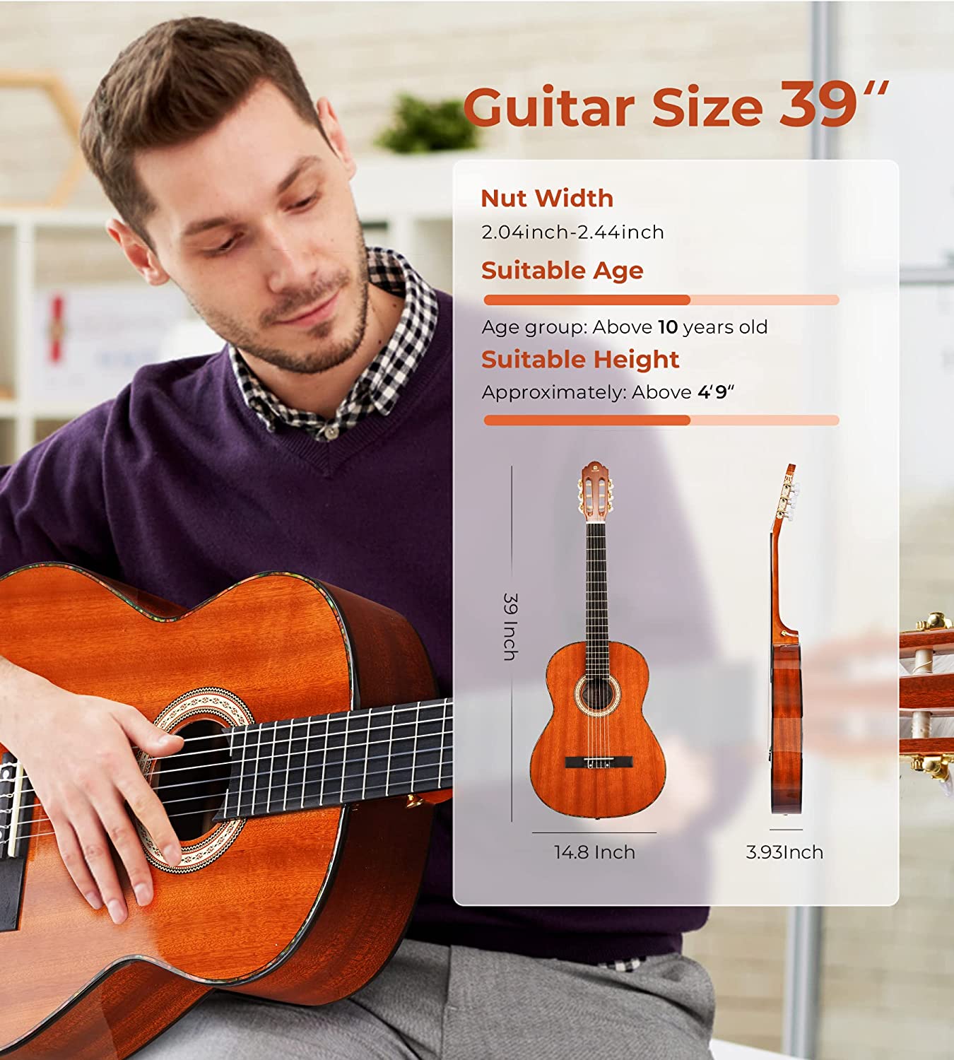 Vangoa VC-2 Classical Guitar 4/4, 39 Inch Full Size Nylon String Guitar for Beginner Adults Sapele Brown