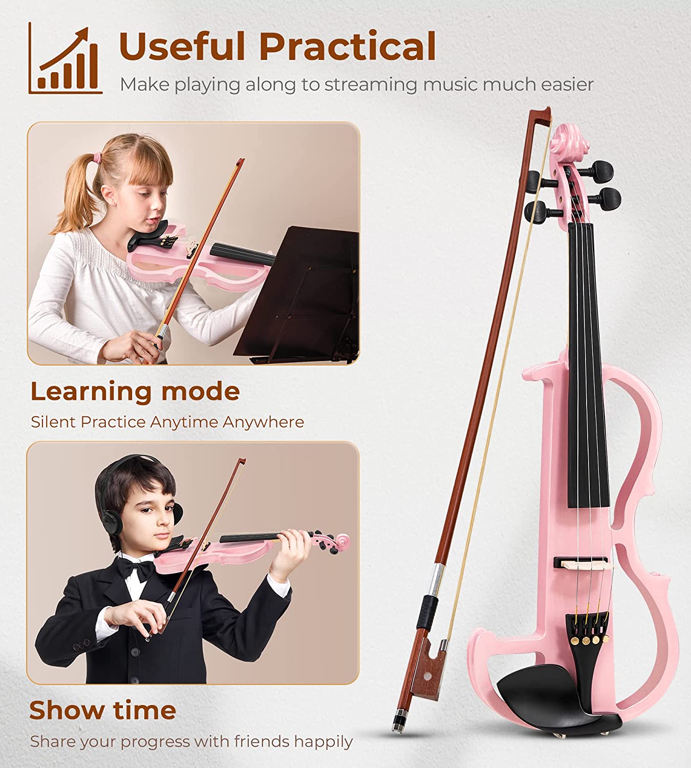 Violon électrique Vangoa pour enfants, kit de violon silencieux 1/2, violon électrique demi-taille pour débutants, étudiants et filles, rose 