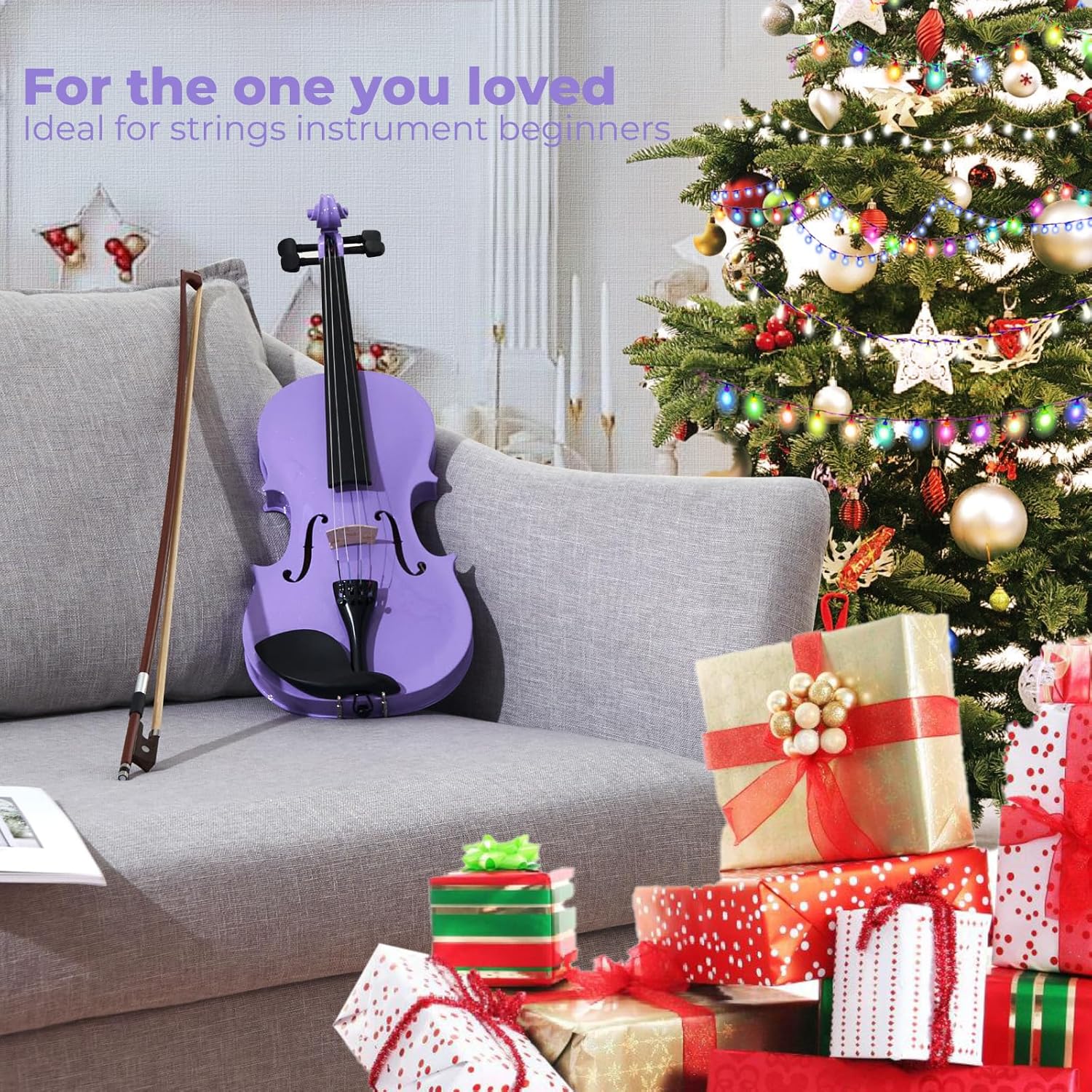 Vangoa 4/4 Violinenset in voller Größe für Anfänger, Einsteiger-Geigenset für Kinder, Erwachsene, Mädchen, komplettes Starter-Zubehörpaket mit Gummidämpfer, Lila 