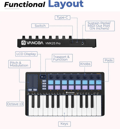 Vangoa Verbesserter 25-Tasten-USB-MIDI-Keyboard-Controller mit 16 Drum-Pads mit Hintergrundbeleuchtung, tragbarem, kabellosem, anschlagdynamischem Keybed-Beating-Pad mit Aftertouch, Smart Chord &amp; Scale, LED-Anzeige, Arpeggiator