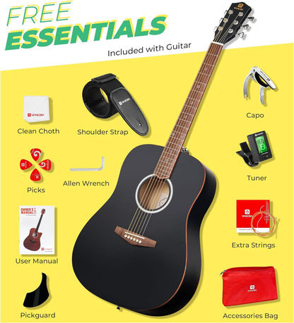 Vangoa Dreadnought Acoustic Guitar Kit for Beginner Adult, 41 Inch Right-handed Starter Guitars 6 String Full Size Set, Walnut Fingerboard, Padded Case, Tuner, Strap, Picks, Capo, Extra Strings, Black