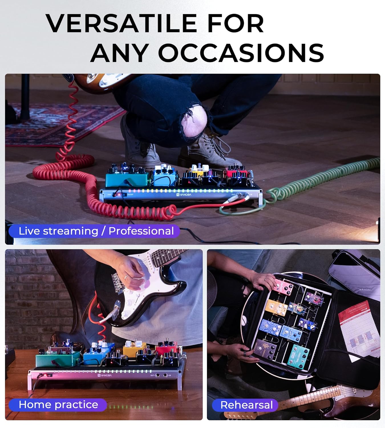 Vangoa Guitar Pedal Board with Isolated Power Supply, PD-M Aluminum One-Piece-Bent Portable Folding Powered Guitar Pedalboard with Premium Backpack-style Bag, Medium, 18"x13.5", 3.4lb, Gray