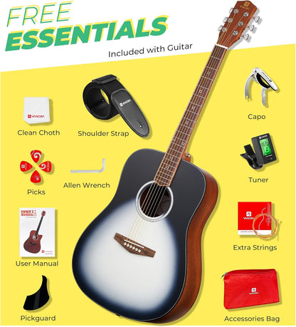 Vangoa Dreadnought Acoustic Guitar Kit for Beginner Adult, 41 Inch Right-handed Starter Guitars 6 String Full Size Set, Walnut Fingerboard, Padded Case, Tuner, Strap, Picks, Capo, Extra Strings, White