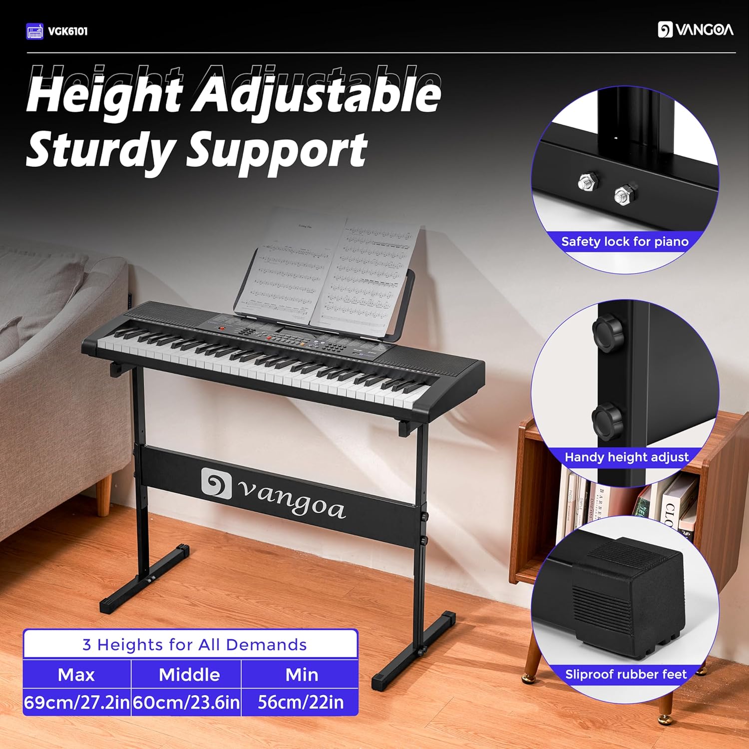 Vangoa VGK6101 Piano à clavier noir 61 touches, piano électrique avec 3 modes d'apprentissage, clavier musical éclairé avec microphone sur pied pour débutants et étudiants 