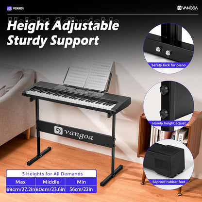 Vangoa VGK6101 Piano à clavier noir 61 touches, piano électrique avec 3 modes d'apprentissage, clavier musical éclairé avec microphone sur pied pour débutants et étudiants 