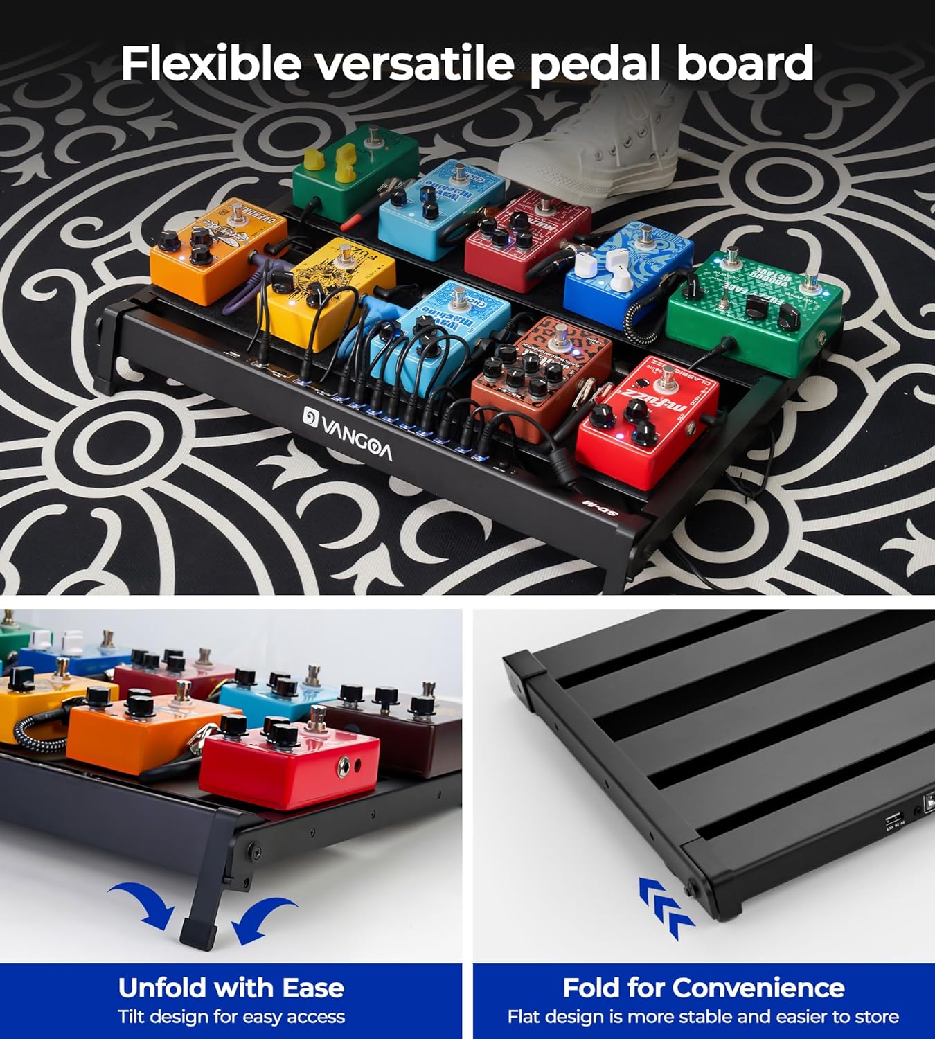 Vangoa Guitar Pedal Board with Built in Power Supply Board 9V/12V/18V for 10-12 Pedals Aluminium Alloy Portable Folding Powered Guitar Pedalboard with Carry Bag, Pedal Cables, Medium