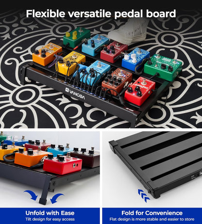 Vangoa Guitar Pedal Board with Built in Power Supply Board 9V/12V/18V for 10-12 Pedals Aluminium Alloy Portable Folding Powered Guitar Pedalboard with Carry Bag, Pedal Cables, Medium