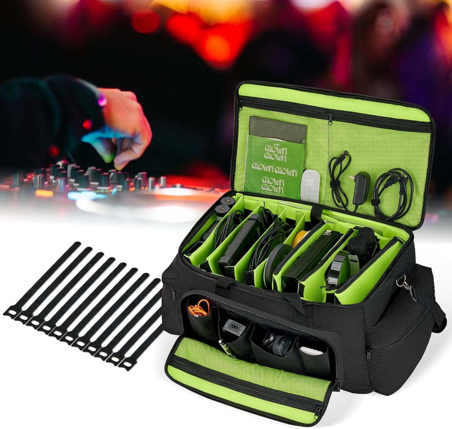 Sacoche de rangement pour câbles Vangoa DJ, grande capacité, avec 8 compartiments amovibles et 10 attaches de rangement pour câbles, sac rembourré pour équipement DJ, sac de transport pour musicien, ordinateur portable, sac de rangement pour câbles, vert 