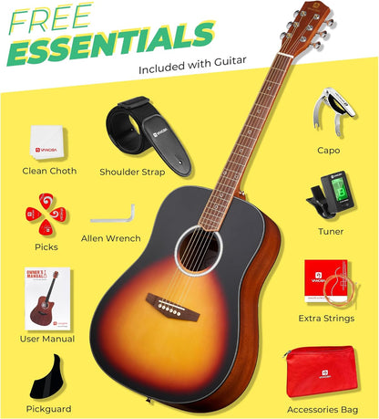 Vangoa Dreadnought Acoustic Guitar Kit for Beginner Adult, 41 Inch Right-handed Starter Guitars 6 String Full Size Set, Walnut Fingerboard, Hard Case, Tuner, Strap, Picks, Capo, Extra Strings, Yellow