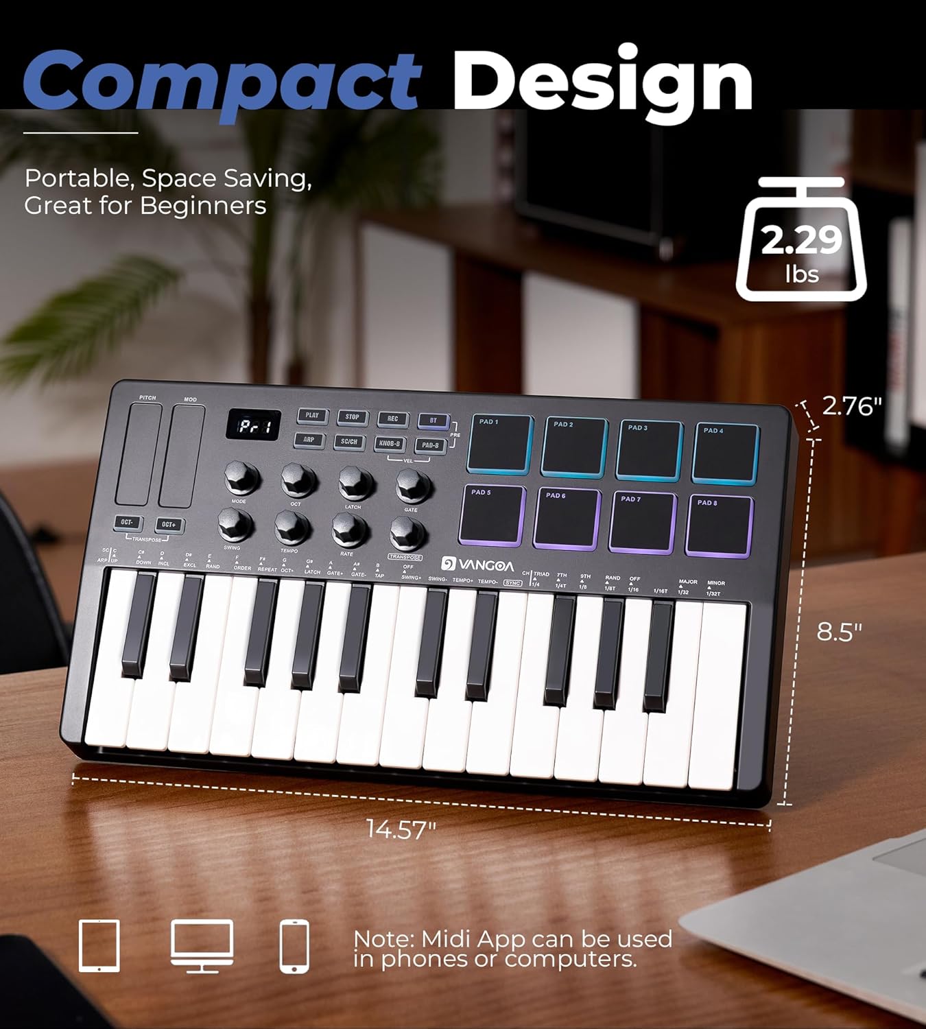 Vangoa 25 Keys Midi Keyboard Controller, Mini Portable Beat Maker Machine with Backlit Drum Pads, 8 Knoks, 8 RGB Beating Pad for Music Production, Velocity Sensitive, LED Display, Arpeggiator, Black