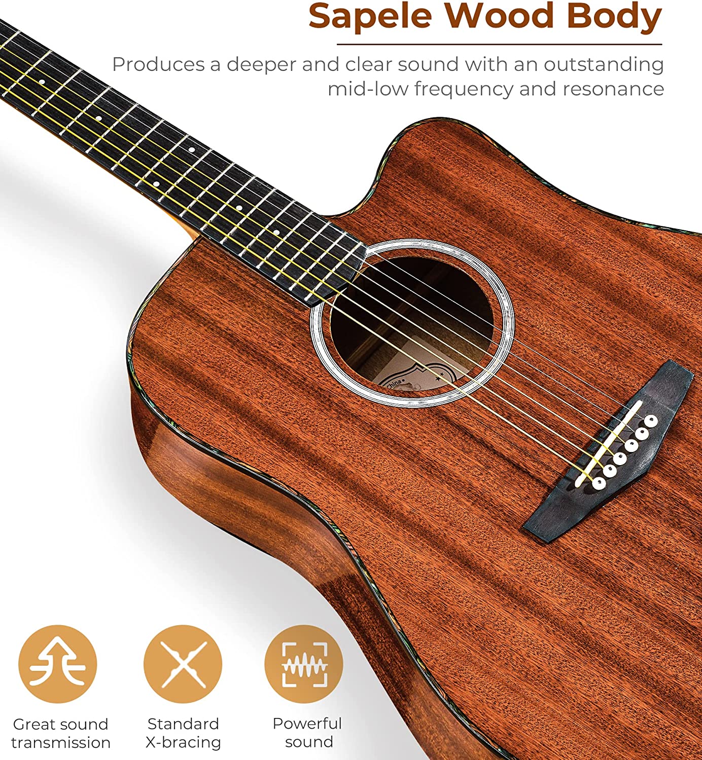 Vangoa 41 Inch Full Size Acoustic Guitar Dreadnought Sapele Wood for Adults Teens Professionals Brown
