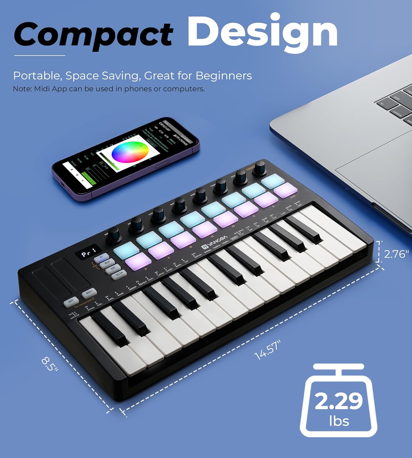 Vangoa Verbesserter 25-Tasten-USB-MIDI-Keyboard-Controller mit 16 Drum-Pads mit Hintergrundbeleuchtung, tragbarem, kabellosem, anschlagdynamischem Keybed-Beating-Pad mit Aftertouch, Smart Chord &amp; Scale, LED-Anzeige, Arpeggiator