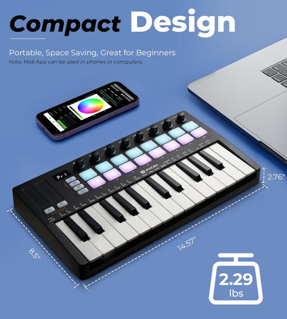 Vangoa Verbesserter 25-Tasten-USB-MIDI-Keyboard-Controller mit 16 Drum-Pads mit Hintergrundbeleuchtung, tragbarem, kabellosem, anschlagdynamischem Keybed-Beating-Pad mit Aftertouch, Smart Chord &amp; Scale, LED-Anzeige, Arpeggiator